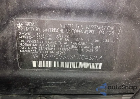 2008 BMW 328Xi из США, поврежденный, VIN WBAVC93538K043754